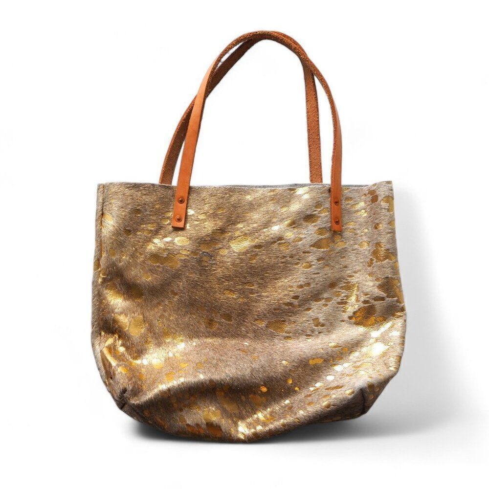 Remnant The Rambler Leather Cream/ Brown / Gold Hide Bag Purse 15"W x 13"H